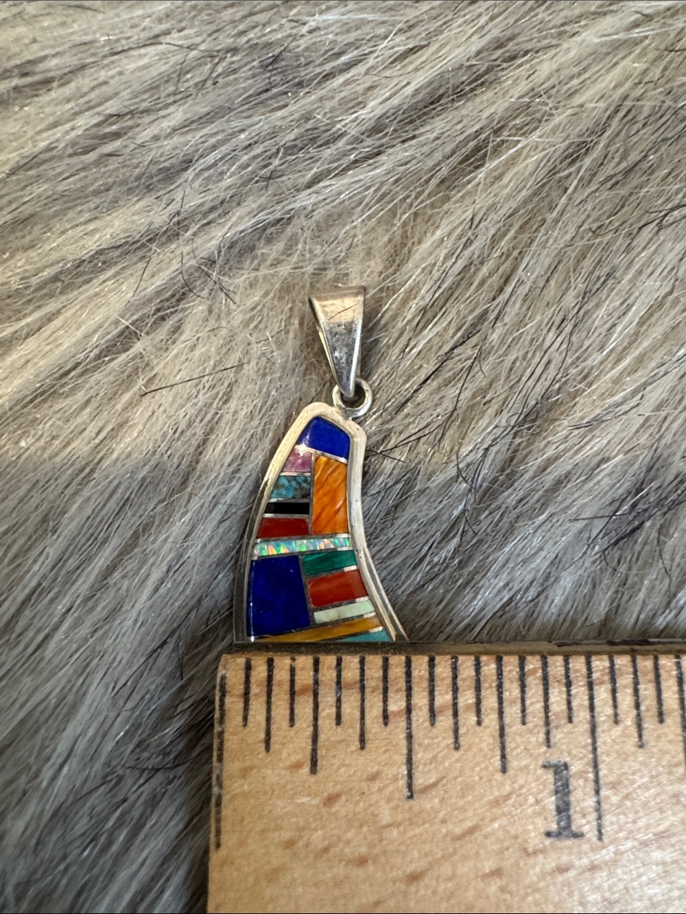 Native American Handcrafted Multi-Color Inlay Silver Pendant - Turquoise, Lapis - Picture 5 of 6